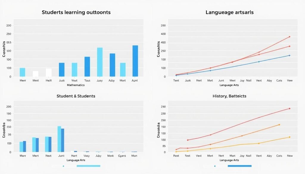 A comparative study of student learning outcomes under a Problem-Based Learning (PBL) approach. Displayed in a side-by-side grid layout, showcasing the performance of students across various subjects - mathematics, science, history, and language arts. Each subject is represented by a distinct data visualization, such as bar graphs, line charts, or scatter plots, presenting the learning gains achieved through the PBL methodology. The visualizations are rendered with a clean, modern aesthetic, using a muted color palette to maintain focus on the data. The overall composition has a professional, academic tone, suitable for inclusion in an educational research article.