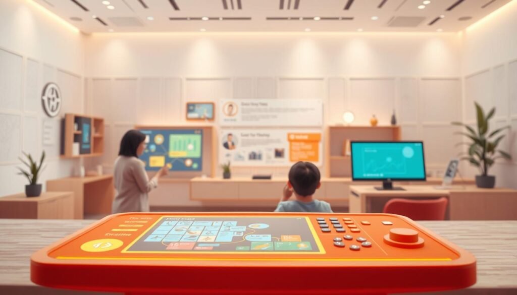 A detailed, interactive educational media design with a modern, minimalist aesthetic. In the foreground, a vibrant interactive interface with intuitive controls and engaging visual elements that capture the user's attention. In the middle ground, a seamless blend of informative graphics, animations, and multimedia content that effectively conveys the learning material. The background features a clean, uncluttered workspace with subtle geometric patterns and a soft, warm lighting scheme that creates a focused, inviting atmosphere for the learner. The overall composition encourages exploration, interactivity, and a sense of discovery, making the learning experience more engaging and immersive.