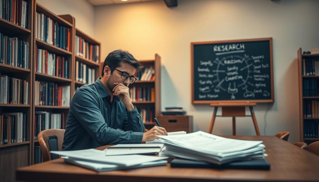 A tranquil academic setting, with a thoughtful researcher sitting at a desk, gazing contemplatively at a stack of papers, surrounded by bookshelves and a chalkboard displaying research concepts. Soft, warm lighting illuminates the scene, creating a contemplative atmosphere. The angle is slightly elevated, providing a bird's-eye view of the workspace, emphasizing the deep consideration and focus of the individual. The overall composition conveys a sense of intellectual exploration and the pursuit of new research directions.