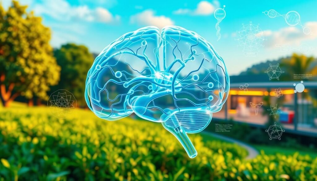 A vibrant and detailed biology concept illustration. In the foreground, a transparent human brain model, with neural pathways illuminated in a soft blue glow. In the middle ground, a series of anatomical diagrams and molecular structures, rendered in a clean, technical style. In the background, a lush, verdant landscape, with a biology laboratory visible in the distance, bathed in warm, natural lighting. The overall composition conveys a sense of scientific exploration and understanding, inviting the viewer to delve deeper into the intricacies of biological knowledge.